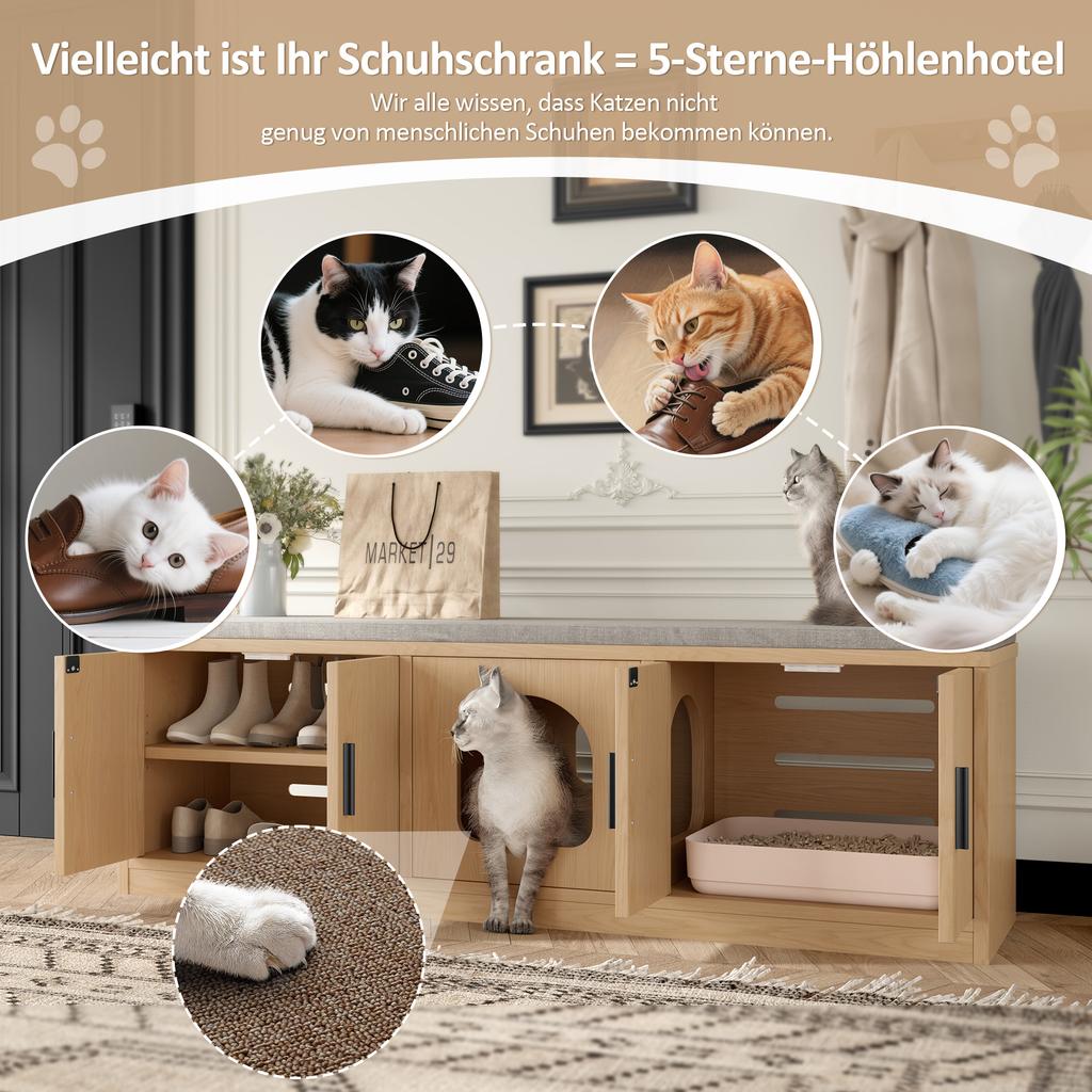 Hidden Cat Cabinet 140 X 40 X 45.5 Cm - Integrated Scratching Post and Ventilation, Pet Furniture for Hallway and Entrance Area, Cat Litter Box