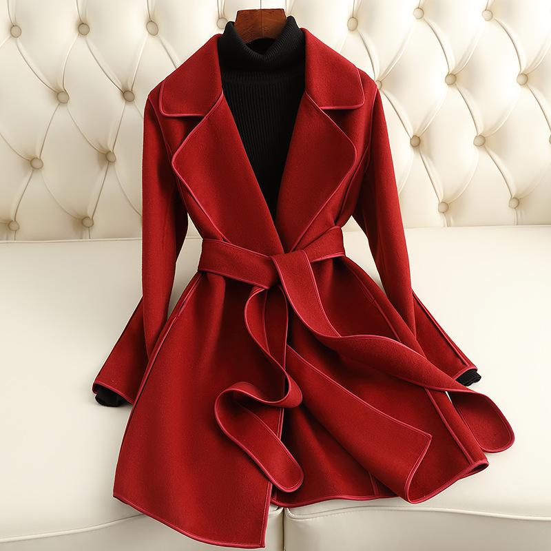 

Новое двустороннее кашемировое пальто для женских моделей средней и длинной длины, тонкое и маленькое шерстяное пальто для женского ощущения высокого класса XL кирпич красный