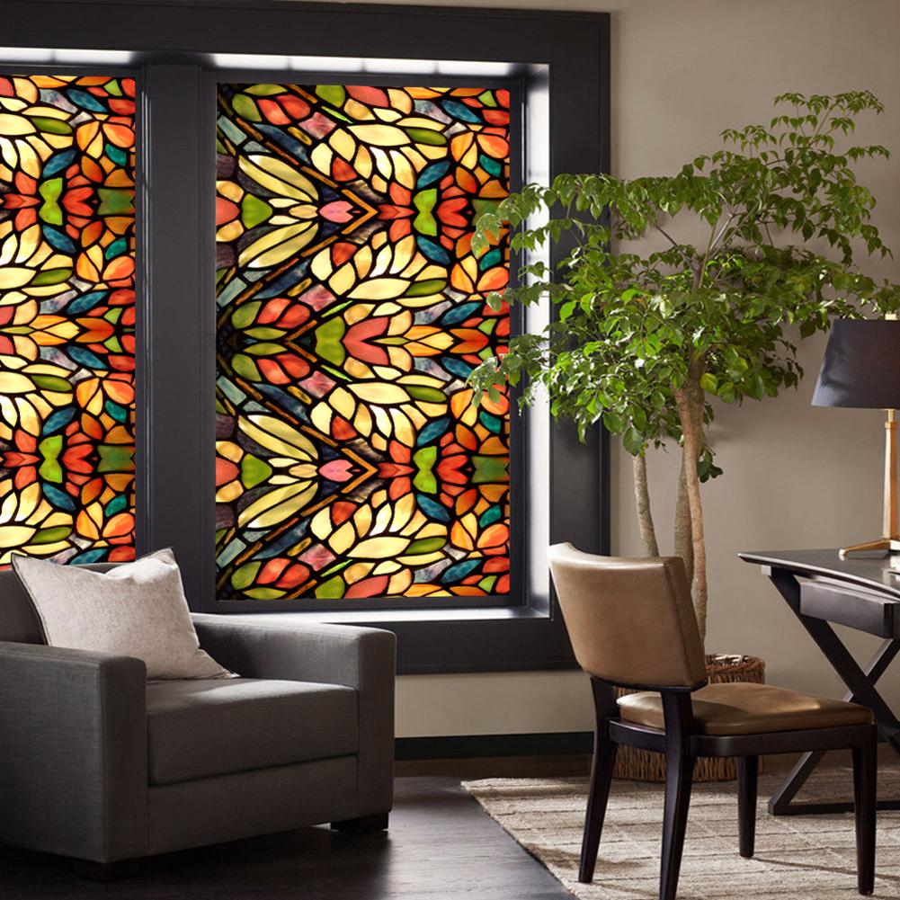 Retro Flower Stained Glass Window Film Removable Bathroom Window Film Window Decals Static Clings