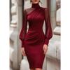 PEYWOW Women's Fashion Spring Autumn High Neck Long Sleeve Solid Color Print Casual Dresses