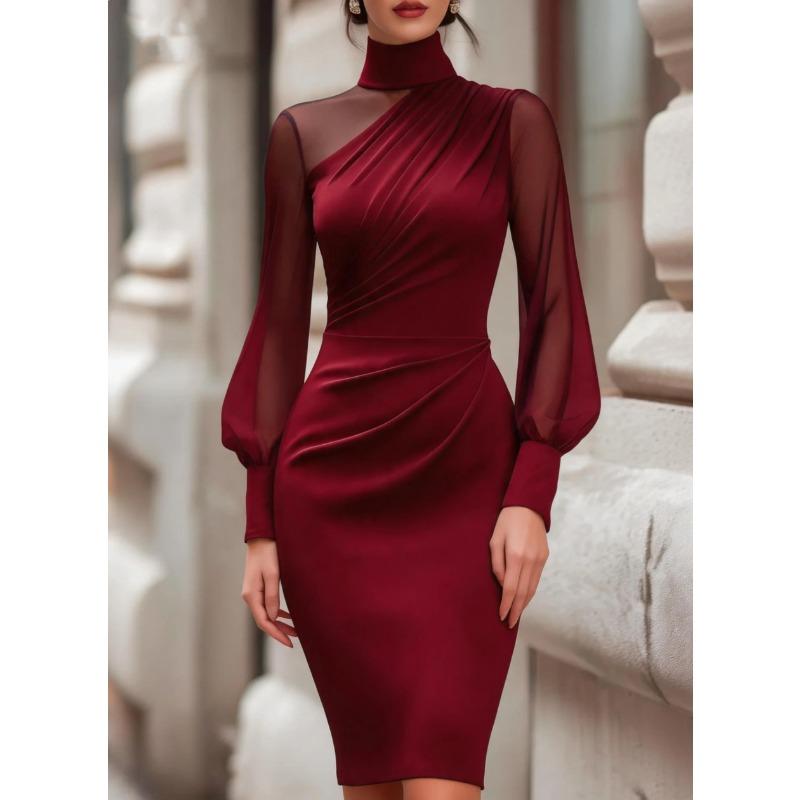 PEYWOW Women's Fashion Spring Autumn High Neck Long Sleeve Solid Color Print Casual Dresses