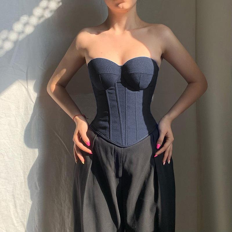 European and American style women's imitation denim vest, new chest wrap, backless strap, waist, solid color fishbone top women
