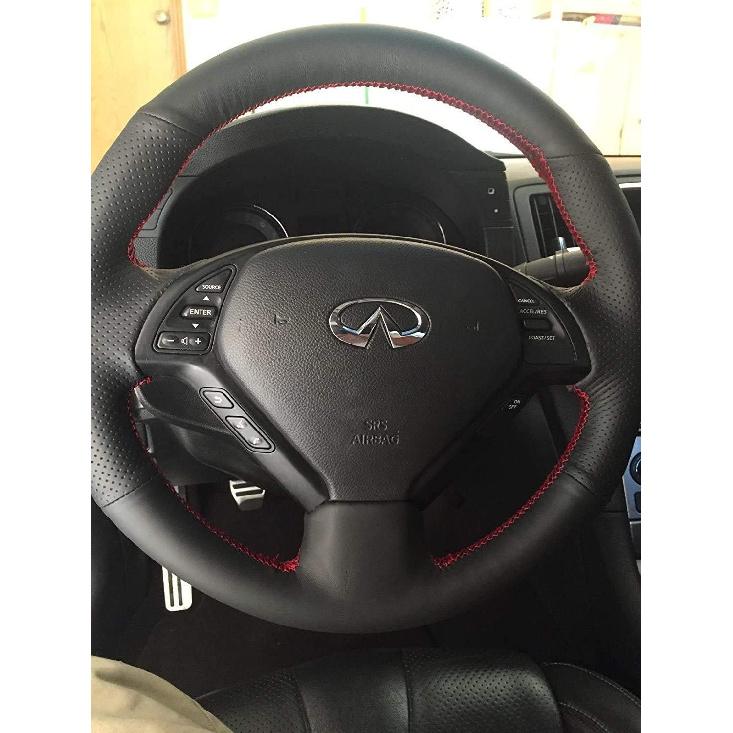 

Loncky Black Genuine Leather Steering Wheel Cover - Infiniti G37/G35/EX35/EX25/Q60/QX50/Q40/IPL G Accessories Microfiber Leather,Red Th