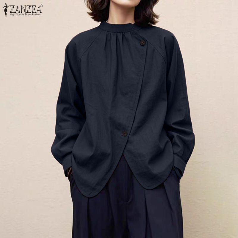 ZANZEA Lässige Bluse mit Stehkragen und einfarbigen Langarmshirts für Damen