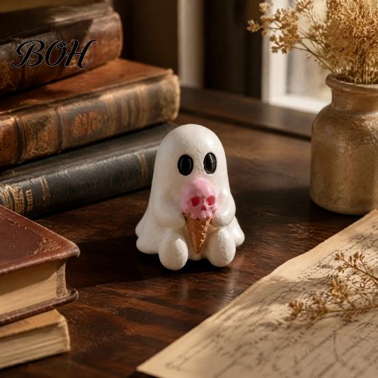 Decorative Skull Crafts Halloween Mini Ghost Figurine, 3D Printed White Statue with Personalized Gifts Pink Ice Cream, Cute Desktop Ornament for Home