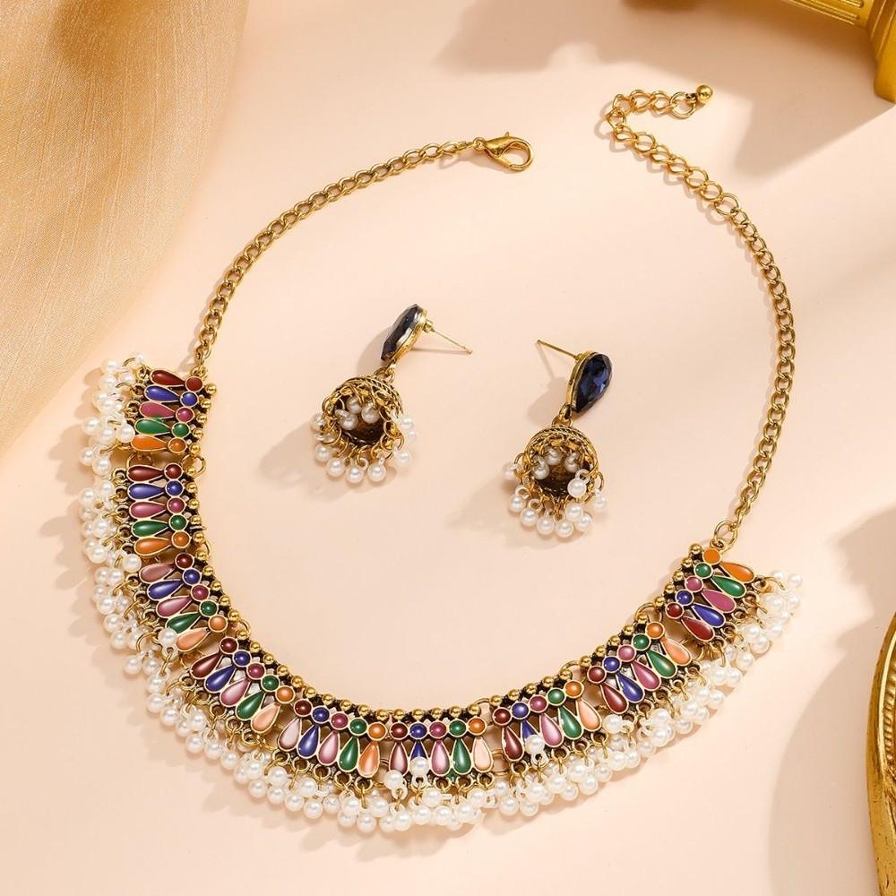 Ethnic Style Oil Drop Necklace And Earring Fashionable Clavicle Chain Vintage Jewelry Set  Birthday