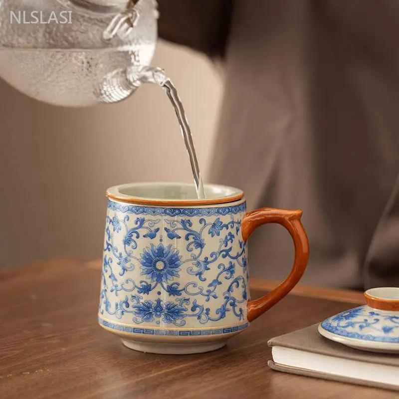 430ml Blue and White Ge Kiln Entwined Lotus Office Cup Ceramic with Lid Tea Water Separation Cup Household Chinese Tea Cup