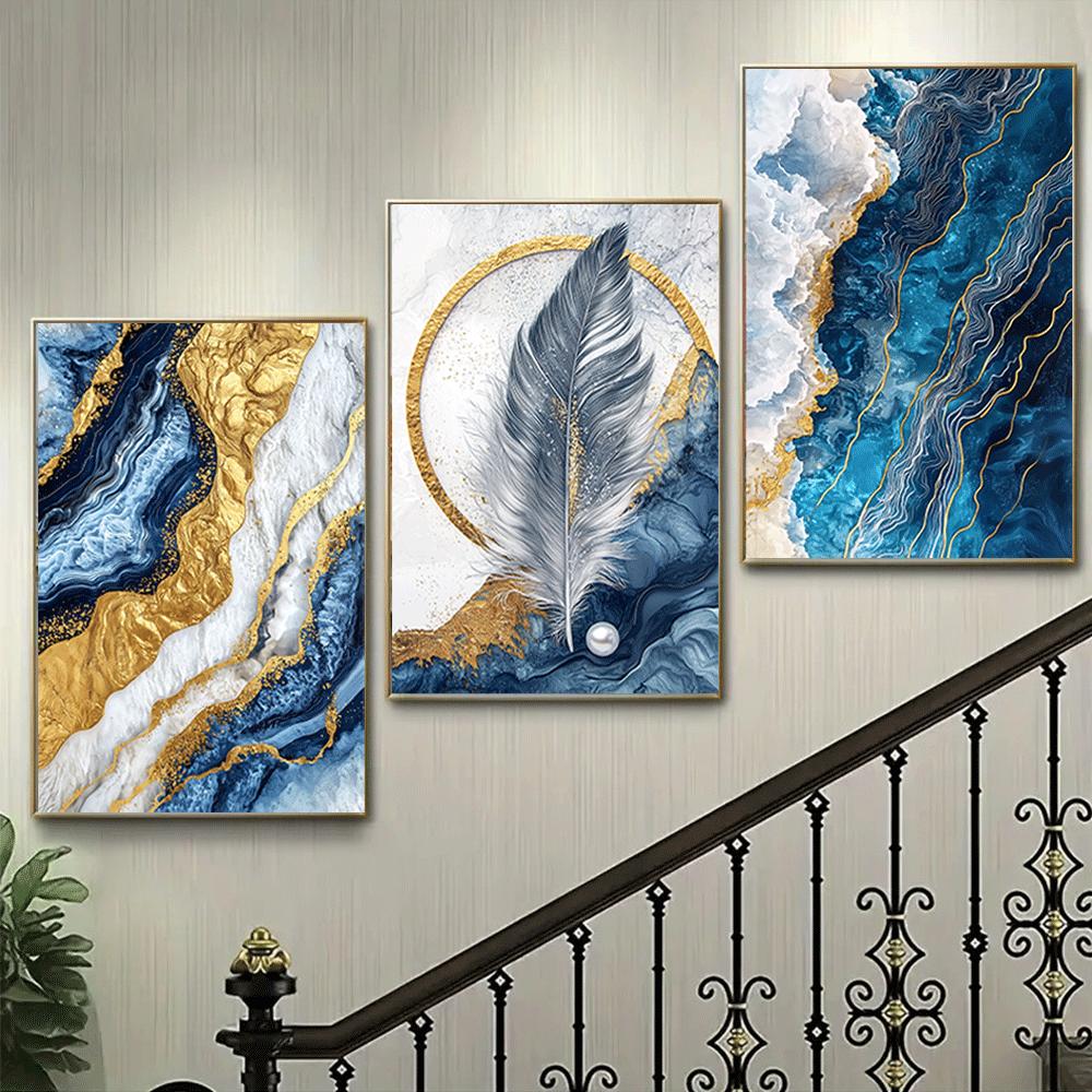 3pcs Art Deco Canvas Wall Art Set - Unframed Abstract Golden Blue Sea Feather Prints for Home Office, Bedroom, Living Room - Ind