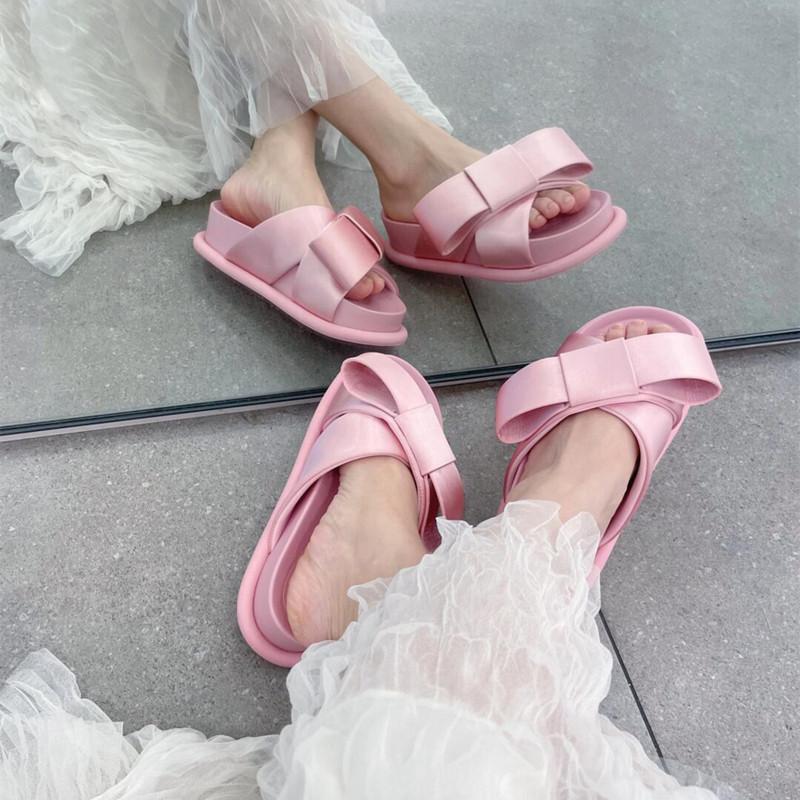 Fashion New Summer Thick Bottom Platform Slippers Women Plus Butterfly Knot Decorative Lolita Style Flat Slides Sandals Cute Beach Shoes