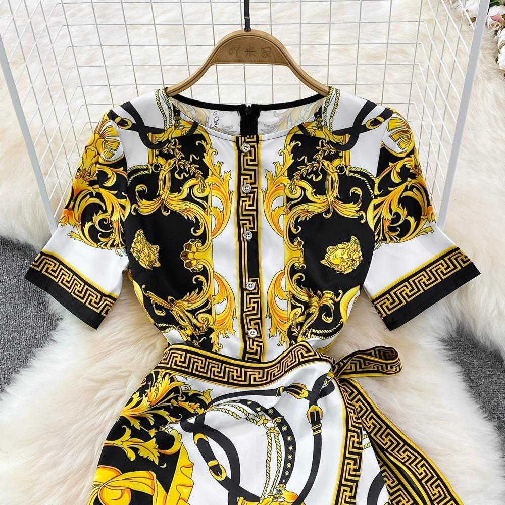 Summer Women Brand Designer Vintage Baroque Print Runway Dresses