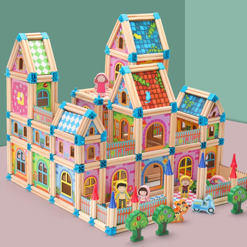

Wooden House Construction Free Assembly Of Building Blocks Children Toy Set For Creative Play And Learning 128PCS