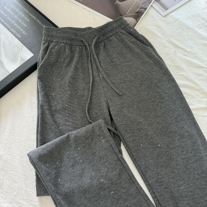Autumn Winter Elastic High Waist Loose Casual Sequins Wide Leg Pants Women All-match Straight Sweatpants Trousers