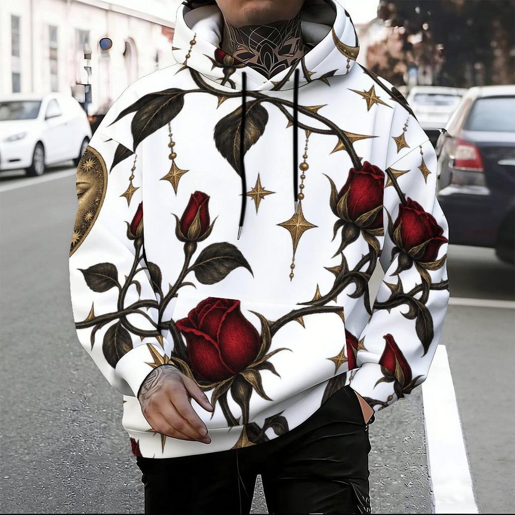 Men s Plus Size Long Sleeve Drawstring Hoodie Black Rose Gold Moon Star Printed White Kangaroo Pocket Pullover