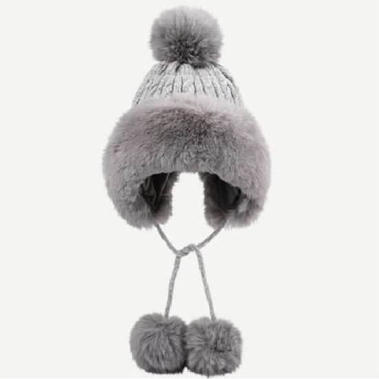 Women Thicken Warm Hat Pom Pom Cap Faux Fur Trim Beanie Bobble Knit Splice Ski светло-серый