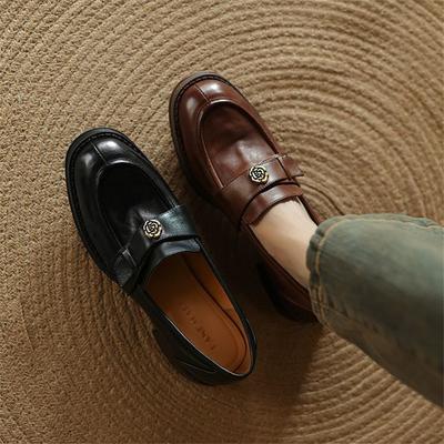 Fashion New Spring Cow Leather Woman Shoes Round Toe Women Pumps Shoes for Women Chunky Heel Loafers Fashion Retro Casual Shoes