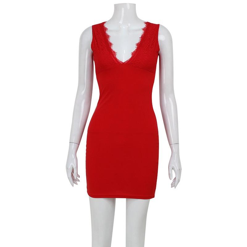 Women's Fashion Sexy Lace V-neck Splicing Temperament Spice Girl Bag Buttock Short Dress