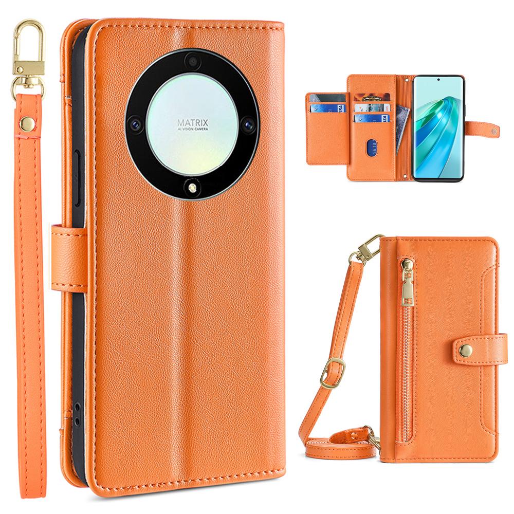 Phone Case for Honor X9a 5G/X40 5G/Magic5 Lite 5G PU Leather Zipper Pocket Card Slots Phone Cover with Straps