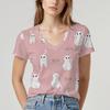 New V-neck Women's Short-sleeved T-shirt with Cat Pattern Design. Summer Top with Soft Texture, Comfortable and Breathable