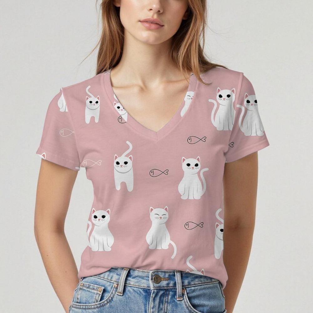 New V-neck Women's Short-sleeved T-shirt with Cat Pattern Design. Summer Top with Soft Texture, Comfortable and Breathable