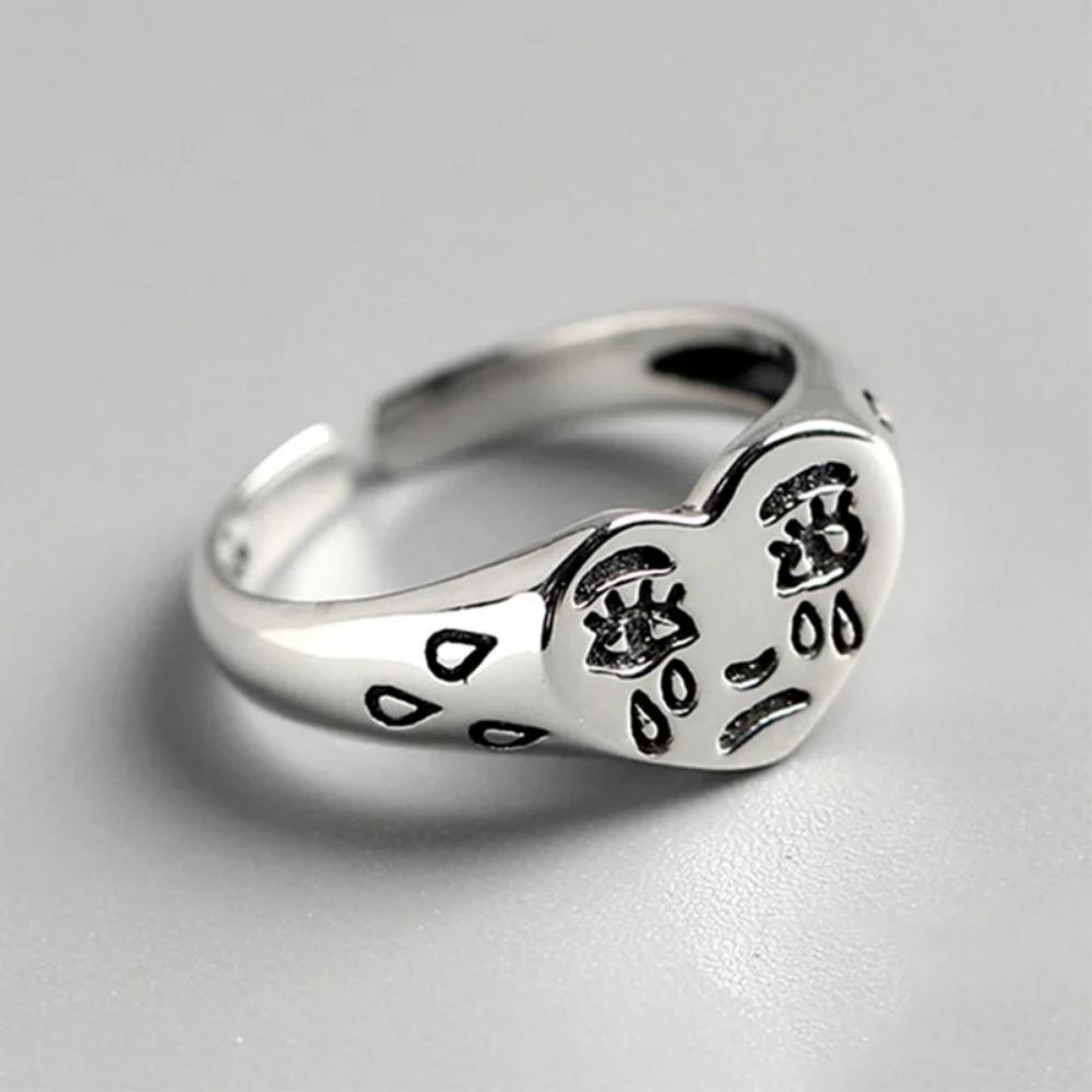Unisex Retro Heart Crying Face Open Ring, Silver Color Punk Gothic Style, Handmade Designer Jewelry For Men Women