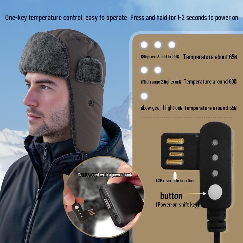 Carbon Fiber Far-Infrared Heated Winter Hat with Ear Protection and Velvet Lining for Outdoor Cold