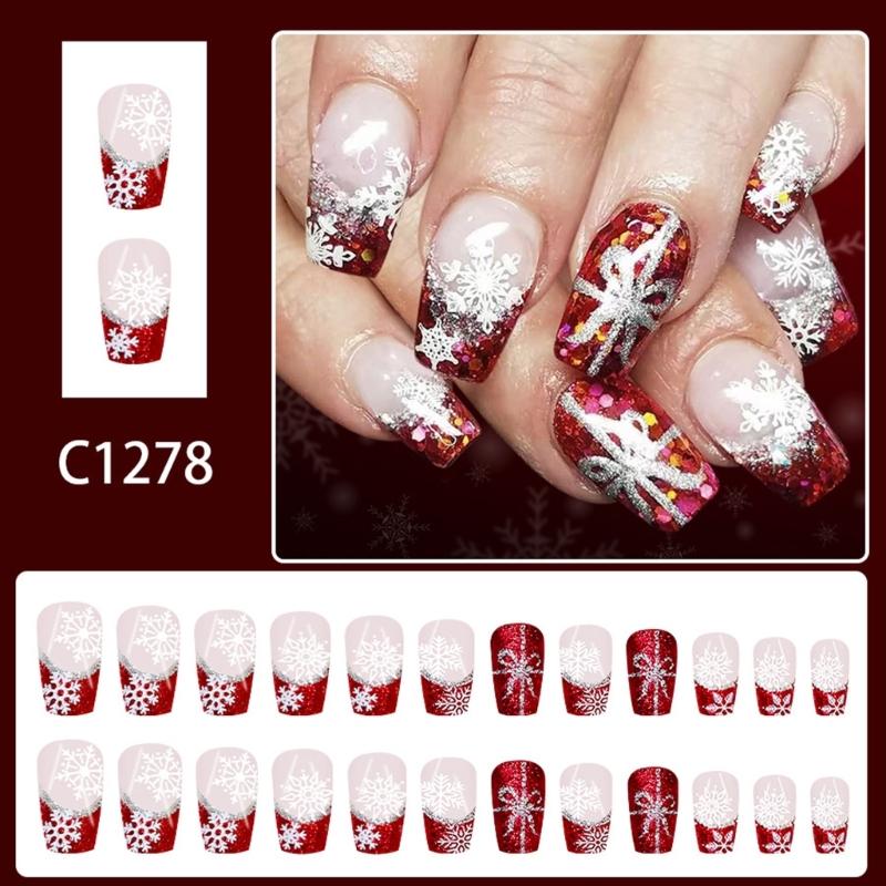Festive French Styles False Nail With Sparkling Snowflakes 24Pc ABS Fake Nail Easy Application for Festive Party