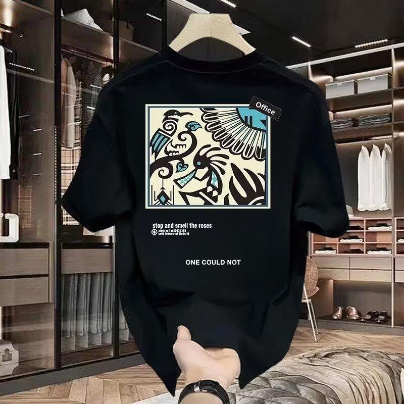 100% Cotton Men's Printed Round Neck T-shirt Top Summer New Mass Trend Loose Short Sleeve Youth Base Casual Half Sleeve