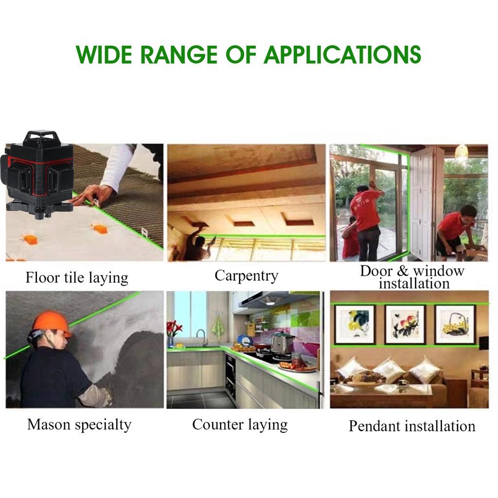 16 Line Laser Level Powerful Green Light Remote Control Measure W/Wall Attachment Frame 3D Self-Leveling System Green 100-240V
