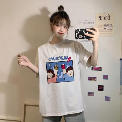 T-shirt bianche a maniche corte con stampa di lettere cartoon kawaii giapponesi per donna estate 2025 casual T-shirt da donna larga harajuku streetwear magliette y2k top