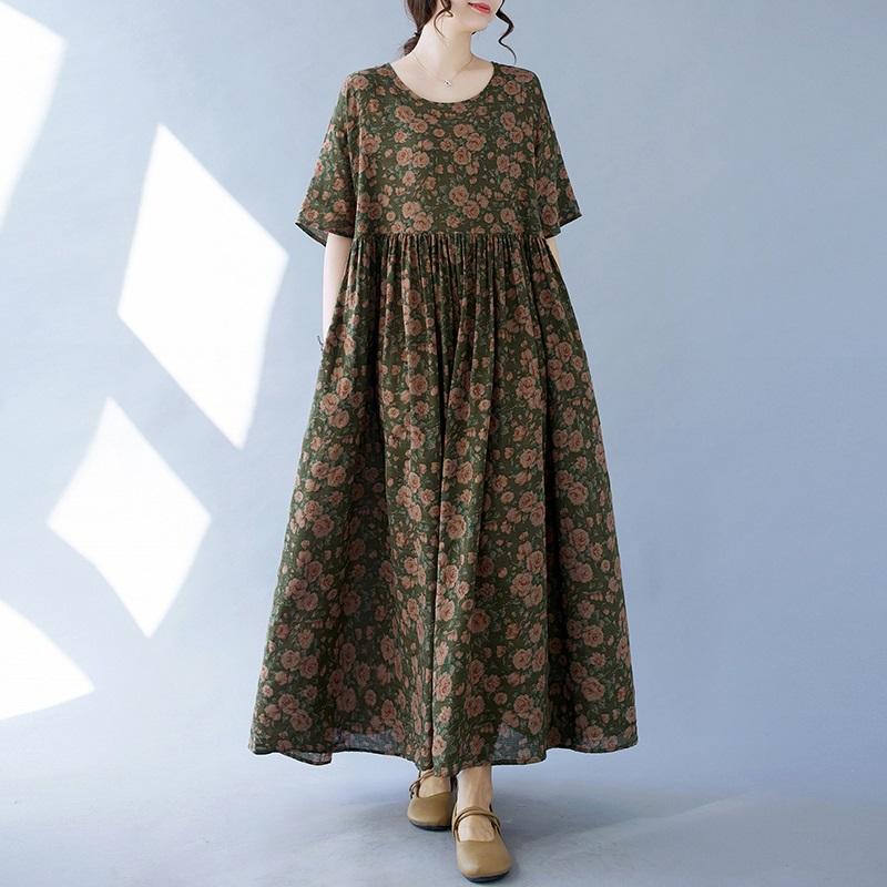 

Новое хлопковое платье больших размеров с коротким рукавом и цветочным принтом для женщин, повседневное свободное длинное летнее платье