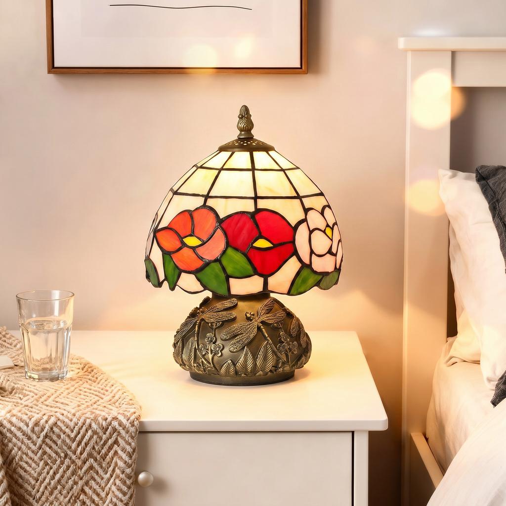Handcrafted Classic Stained Glass Bedside Lamp Tiffany Style Table Lamp With Sculpted Dragonfly Base Multi Coloured