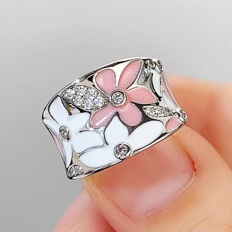 CAOSHI Aesthetic Enamel Flower Finger Rings for Women Inlaid Dazzling Crystal Cubic Zirconia Cocktail Party Statement Jewelry