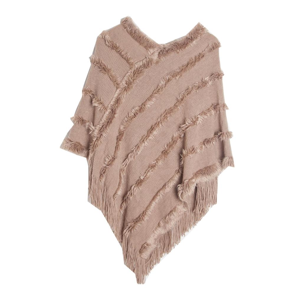 Spring Autumn Winter V-neck Solid Color Knitted Plush Shawl - European & American Style