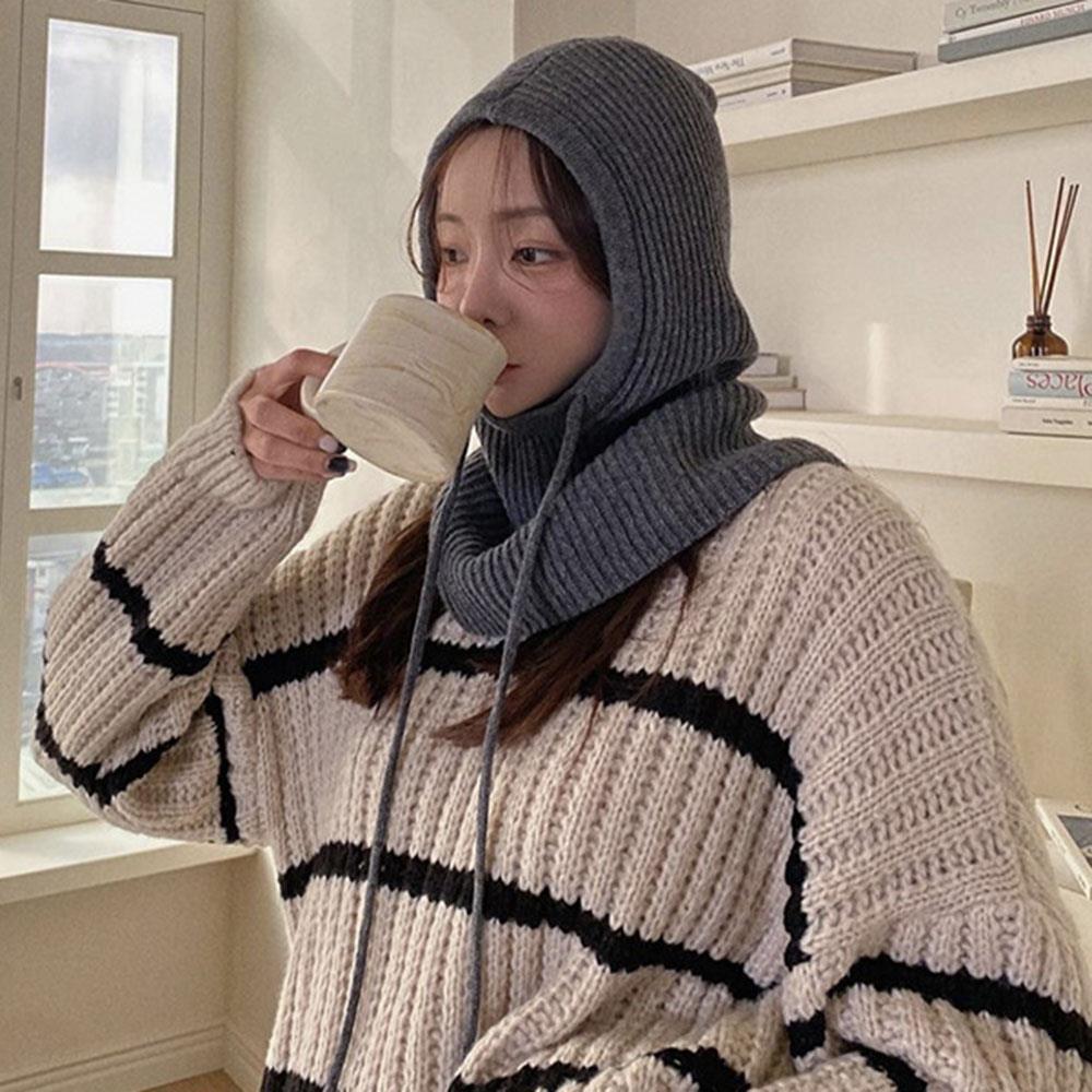 Thick Winter Knitted Hooded Caps Women One-Piece Beanie Hats Outdoor Balaclava Neck Warmer Scarf Windproof Ear Protection Bonnet