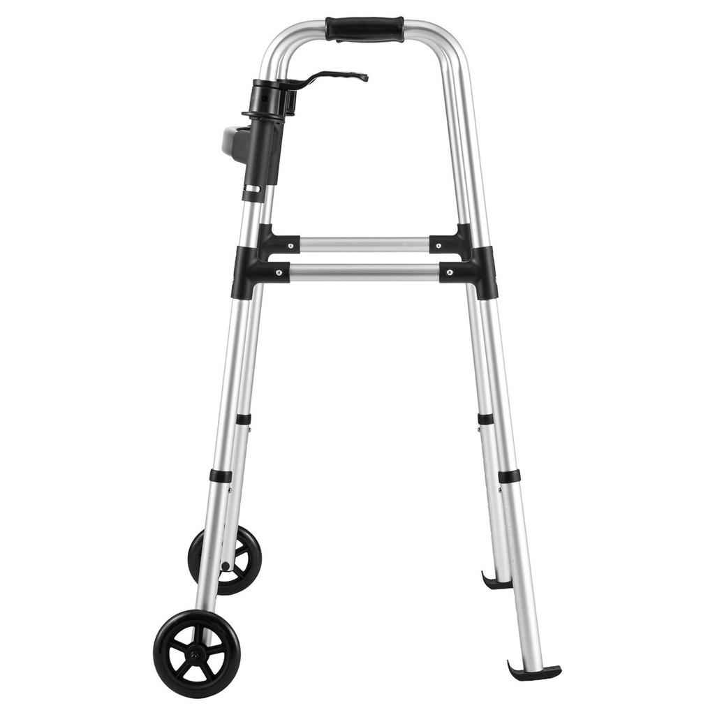 Folding Walker, 2-Button Foldable Walker with Solid Wheels & 8-Level Adjustable Height, 159KG Loading Lightweight Aluminum Mobility Walking Aid,