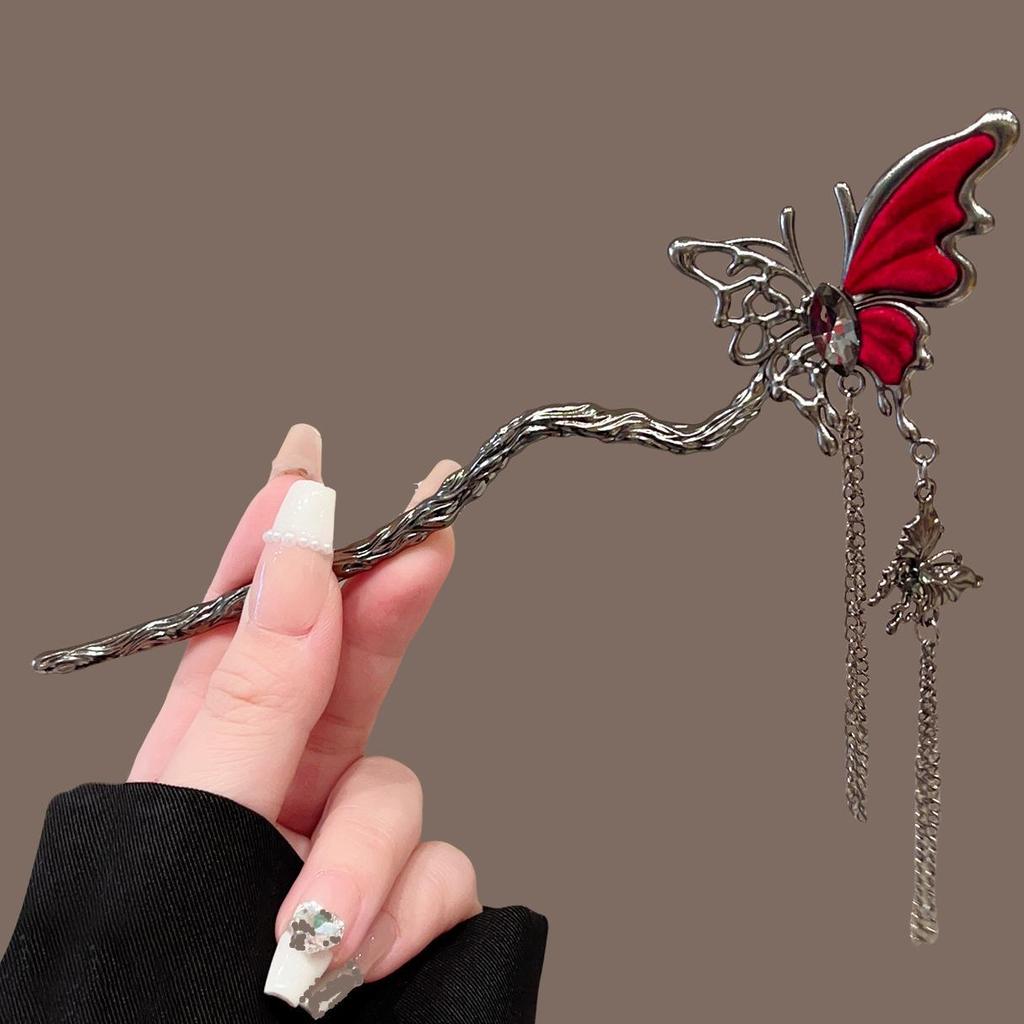 Elegant Red Rose Tassel Hairpin - U-shaped Hair Accessory for Women, Perfect for Updos and Traditional Attire.