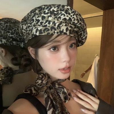 Y2K Leopard Print Beret Cloud Painter Hat Retro Octagonal Cap  Women
