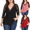 Women's Plus Size Lace Chiffon Shirt 3/4 Sleeve V Neck Top Loose Casual Tee T-Shirt Color Block Patchwork Blouse