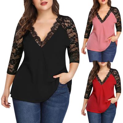 Women's Plus Size Lace Chiffon Shirt 3/4 Sleeve V Neck Top Loose Casual Tee T-Shirt Color Block Patchwork Blouse