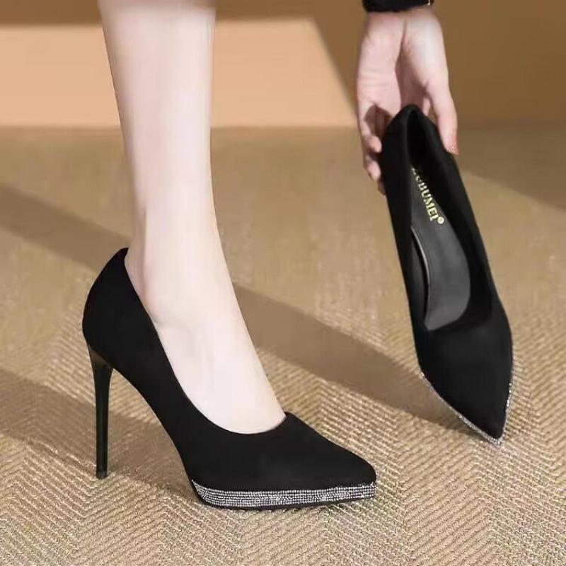 Chaussures Simples à Talons Fins Mode Printemps Nouveau Bout Pointu Bouche Peu Profonde Strass Imperméable Plateforme Antidérapante Talons Hauts