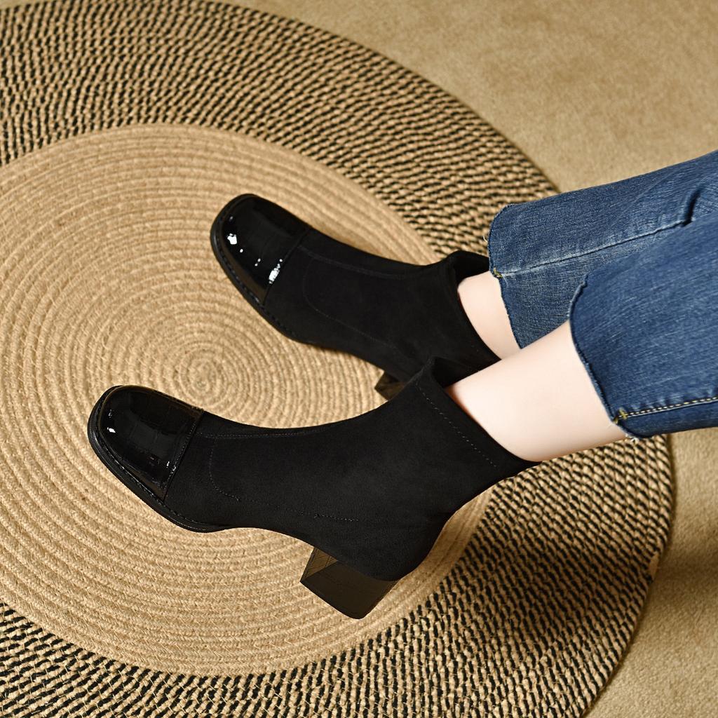 Elastic boots women's autumn and winter new simple temperament square head short boots black fashion boots thick heel cotton boots
