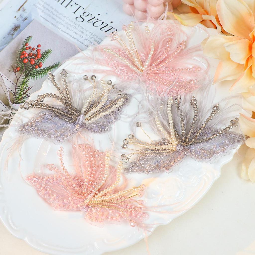 White Lace Feather Pearl Crystal Floral Wire Headwear & Brooch Accessories for Shoes and Hats