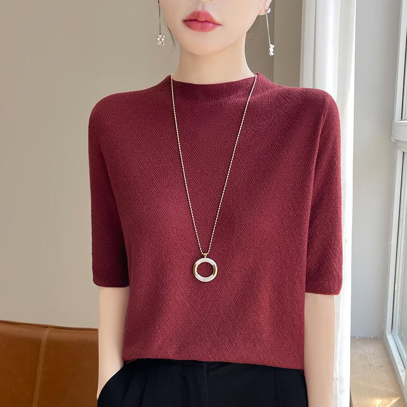 

Summer New Half-neck Knitted T-shirt for Women, Loose and Comfortable, Versatile, Short-sleeved Summer Five-inch Sleeve Top XL Вишня
