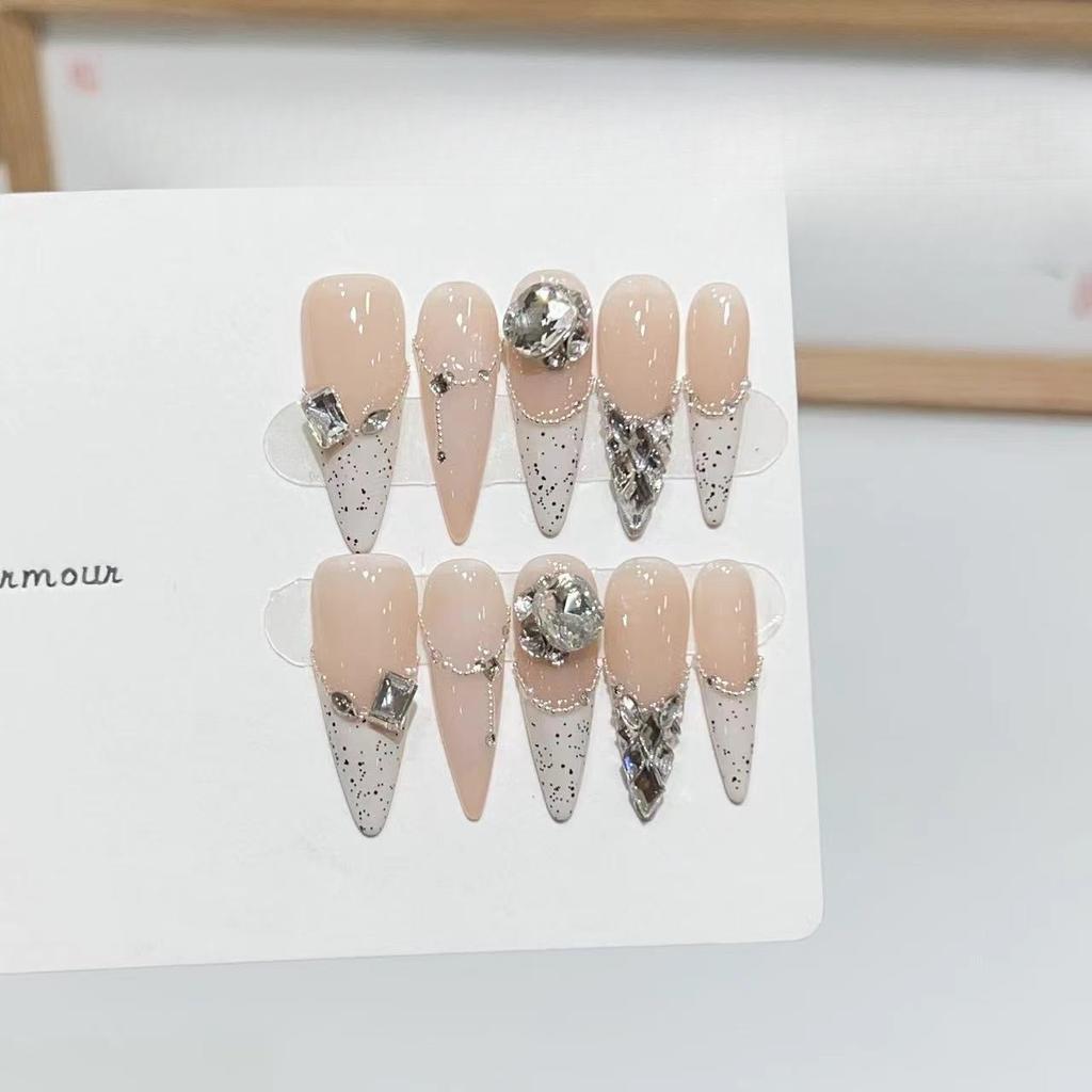 Pure Erotic Style Wear Nude Color White Chocolate French Flash Diamond Chain Nail Art Finished Product Removable Nail Sheet