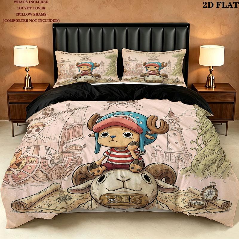 Pościel z nadrukiem One Piece Zestaw kołdry Poszewka na kołdrę Poszewka na poduszkę Domowy prezent urodzinowy(1 * poszwa na kołdrę + 2 * poszewki na poduszki, bez rdzenia)