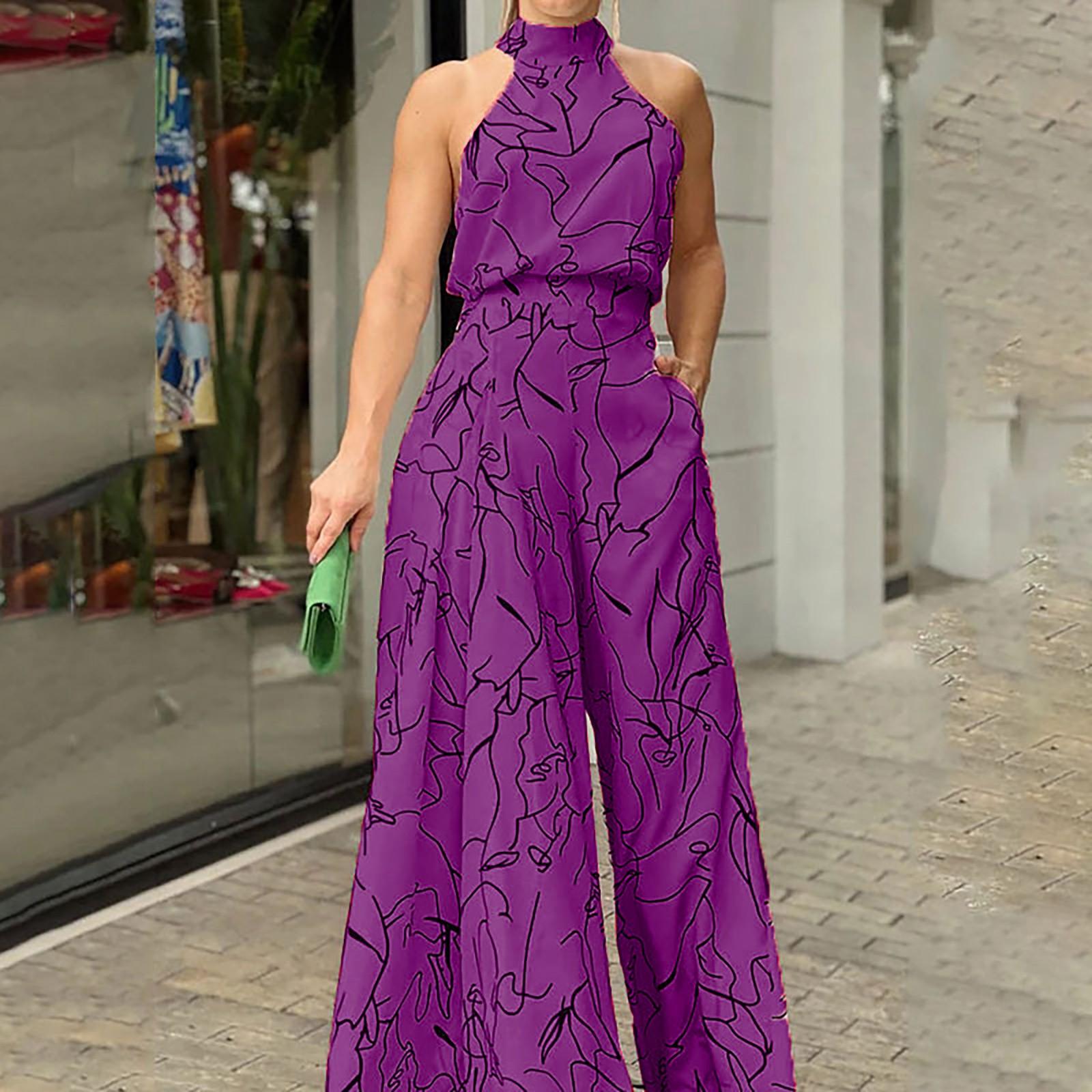 

Жіночий темпераментний комбінезон з елегантною талією і шнурком без рукавів з принтом. S фіолетовий