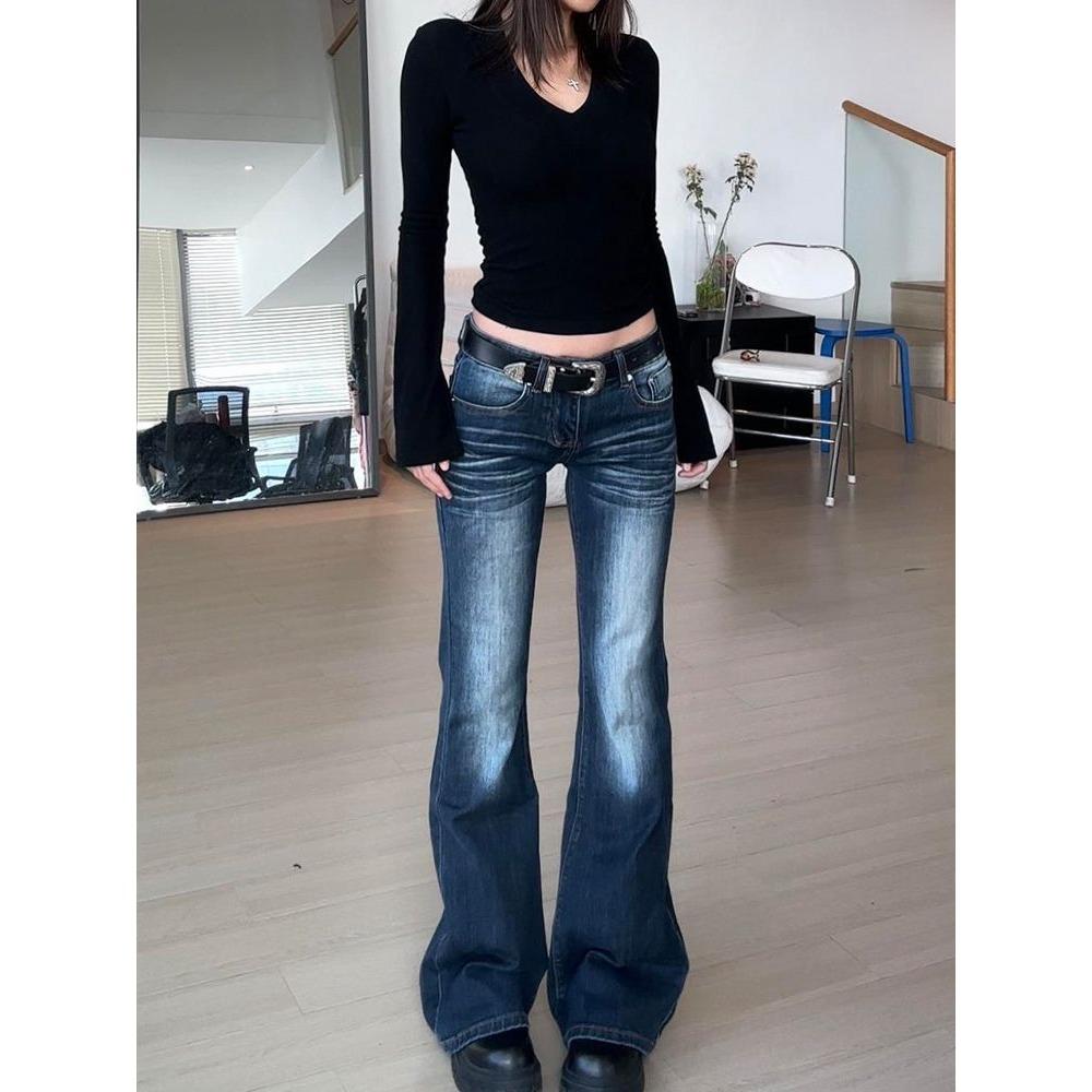 Women's High Waist Flare Jeans Slim Fit Stretch Vintage Blue Sand Wash Denim Trousers