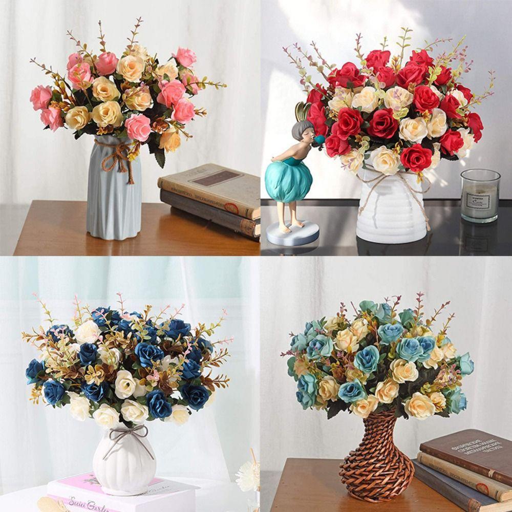 Multicolor Lifelike Rose Flowers 12 Heads Simulation Plants Leaves  Party Supplies