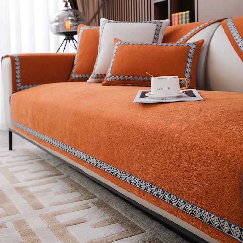 Light Luxury High-Grade Sofa Seat Cushion Four Seasons Universal Towel Cotton Fabrics Linen Cover Solid Color Full Covered Cover Summer Non-Slip