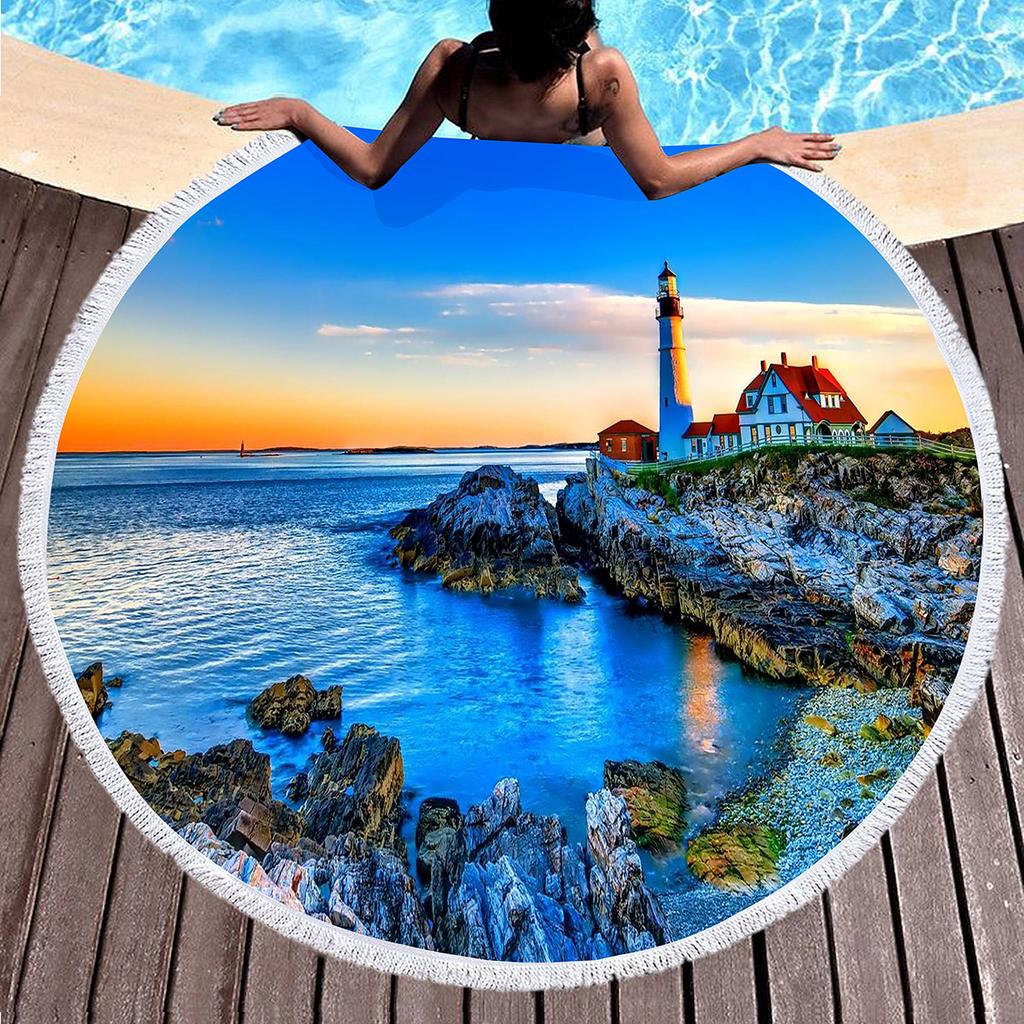 Lighthouse Round Beach Towel with Tassels Microfiber Quick Dry Beach Blanket Sand Free Absorbent Swim Pool Circle Towel Yoga Mat